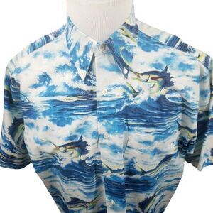 Nautica Shirt Mens Large All Over Print Camp Hawaiian Marlin Fishing Cotton